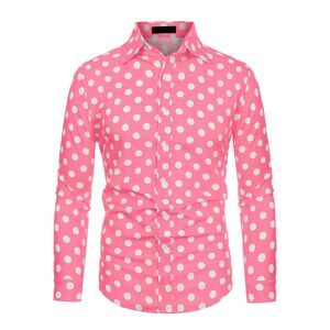 Light Pink Shirt Polka Dots Long Sleeve Slim Fit Printed Dress Button Down Shirt